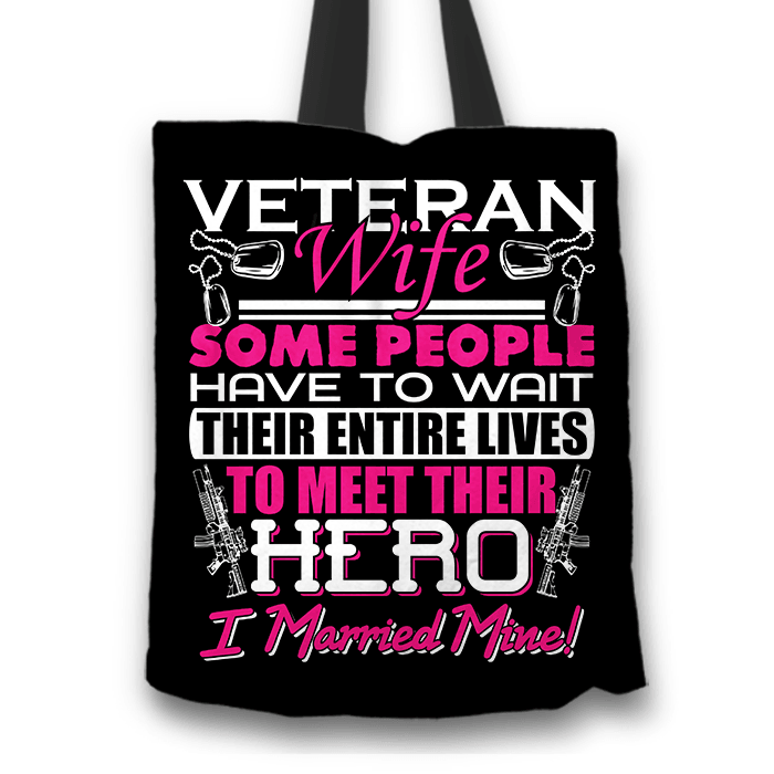 Designs by MyUtopia Shout Out:Veteran Wife, I Married My Hero Fabric Totebag Reusable Shopping Tote,Black,Reusable Fabric Shopping Tote Bag