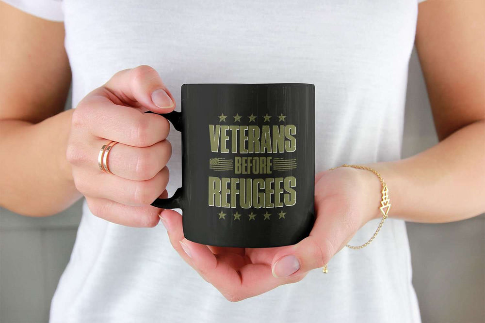 Designs by MyUtopia Shout Out:Veterans Before Refugees Ceramic Coffee Mug - Black
