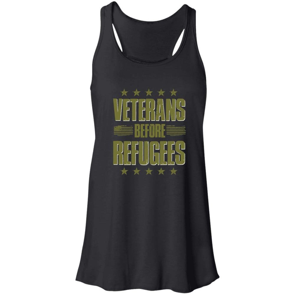 Designs by MyUtopia Shout Out:Veterans Before Refugees Flowy Racerback Tank,X-Small / Black,Tank Tops