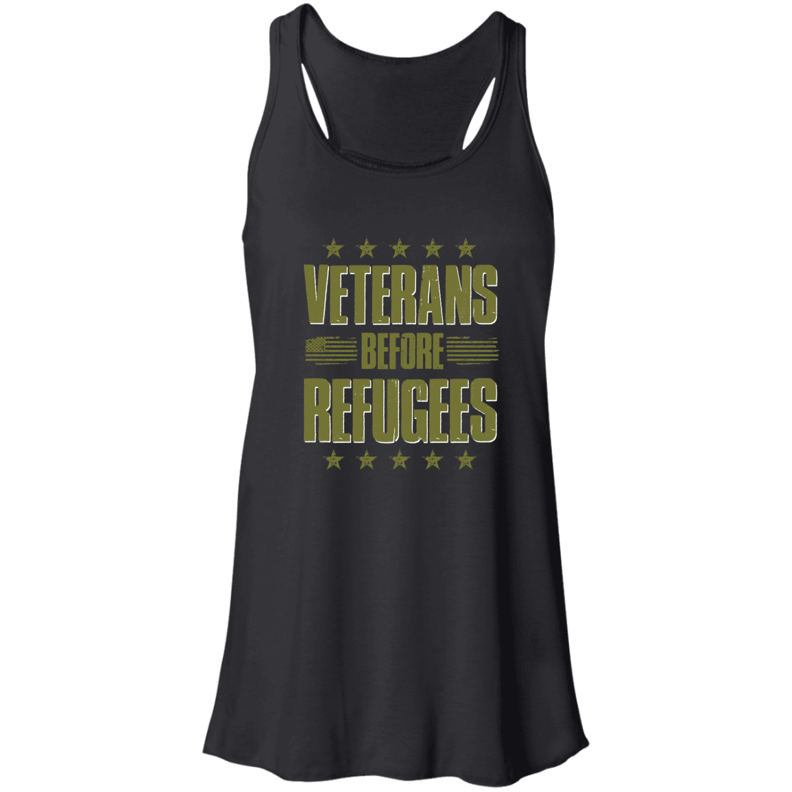 Designs by MyUtopia Shout Out:Veterans Before Refugees Flowy Racerback Tank,X-Small / Black,Tank Tops