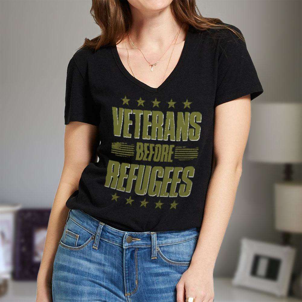 Designs by MyUtopia Shout Out:Veterans Before Refugees Ladies' V-Neck T-Shirt