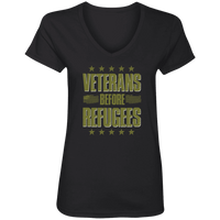 Load image into Gallery viewer, Designs by MyUtopia Shout Out:Veterans Before Refugees Ladies&#39; V-Neck T-Shirt,S / Black,Ladies T-Shirts
