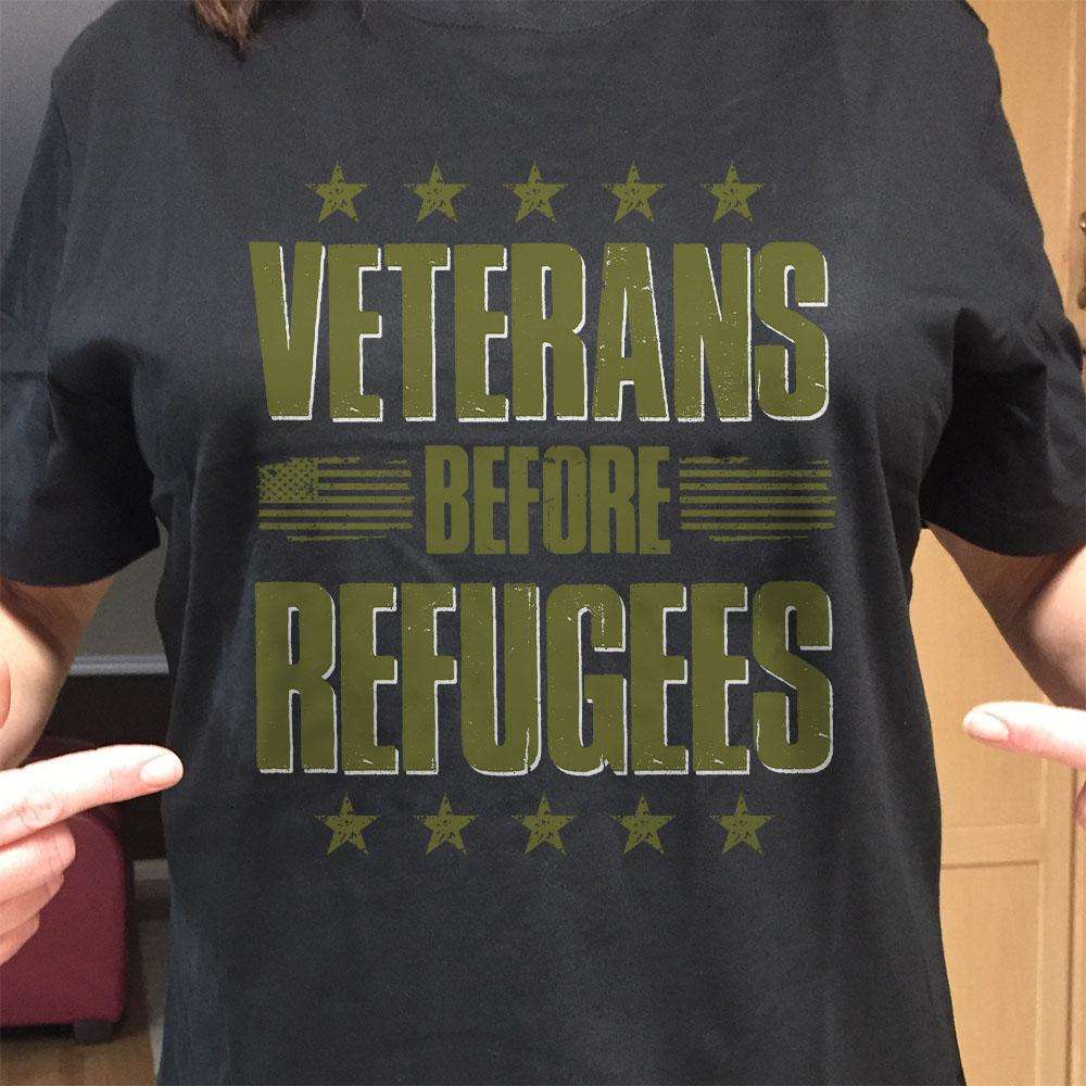 Designs by MyUtopia Shout Out:Veterans Before Refugees Unisex Cotton Short Sleeve T-Shirt