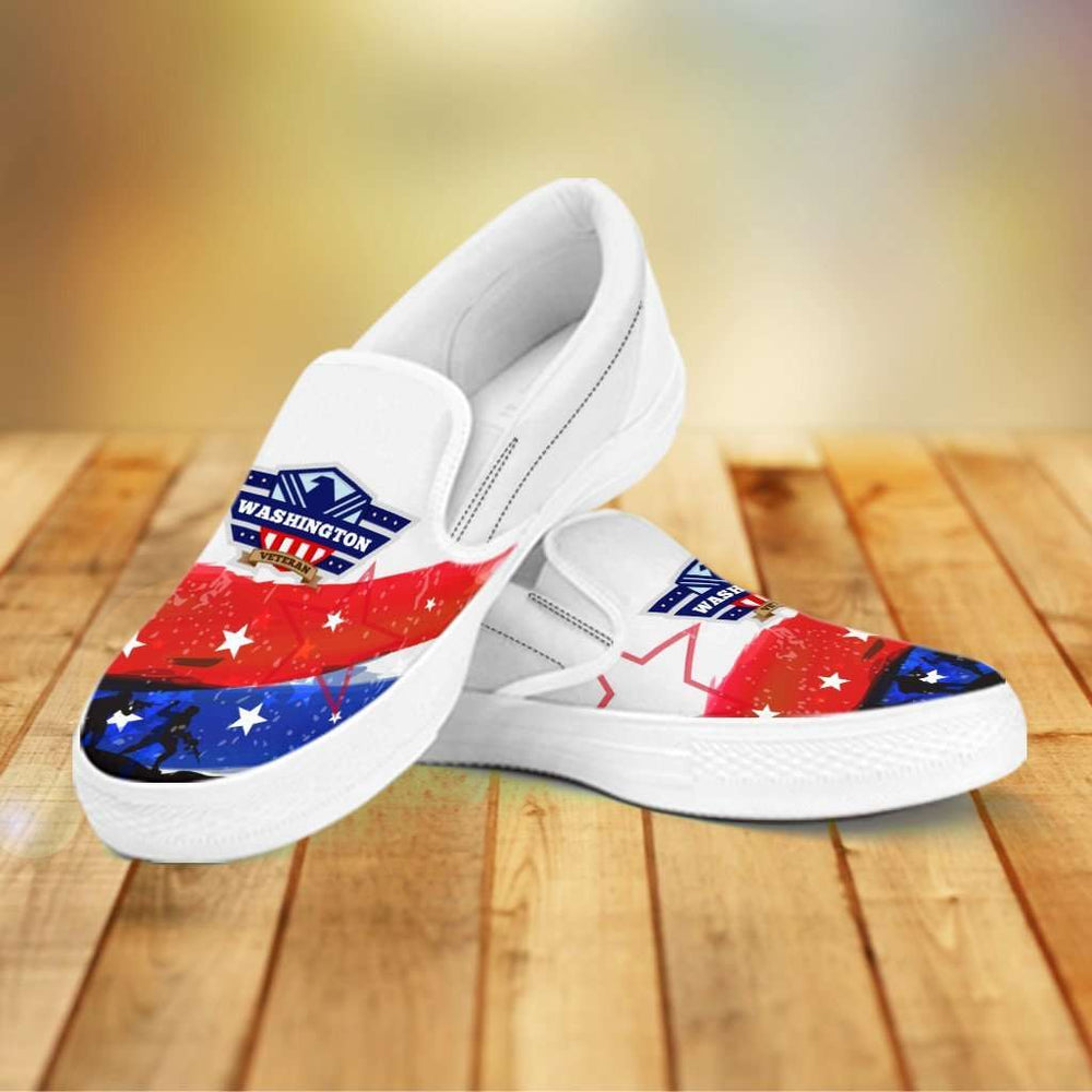 Designs by MyUtopia Shout Out:Washington Veteran Slip-on Shoes,Woman's / Woman's US6 (EU36) / White/Blue/Red,Slip on sneakers
