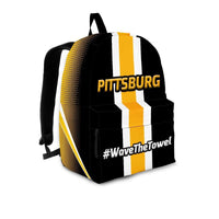 Load image into Gallery viewer, Designs by MyUtopia Shout Out:#WaveTheTowel Pittsburgh Backpack,Large (18 x 14 x 8 inches) / Adult (Ages 13+) / Black/Yellow,Backpacks
