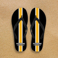 Load image into Gallery viewer, Designs by MyUtopia Shout Out:#WaveTheTowel Pittsburgh Flip Flops,Men&#39;s / Men&#39;s Small (US 7-8 /EU 40-42) / Black/Yellow,Flip Flops

