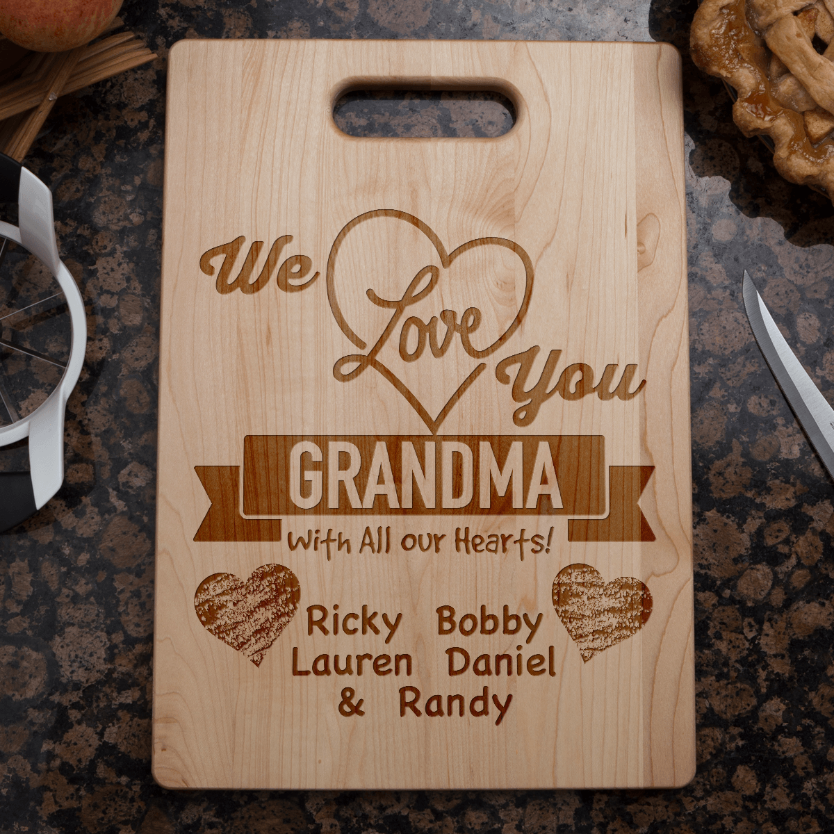 Designs by MyUtopia Shout Out:We Love You With All Our Hearts Personalized With Names Engraved Maple Cutting Board