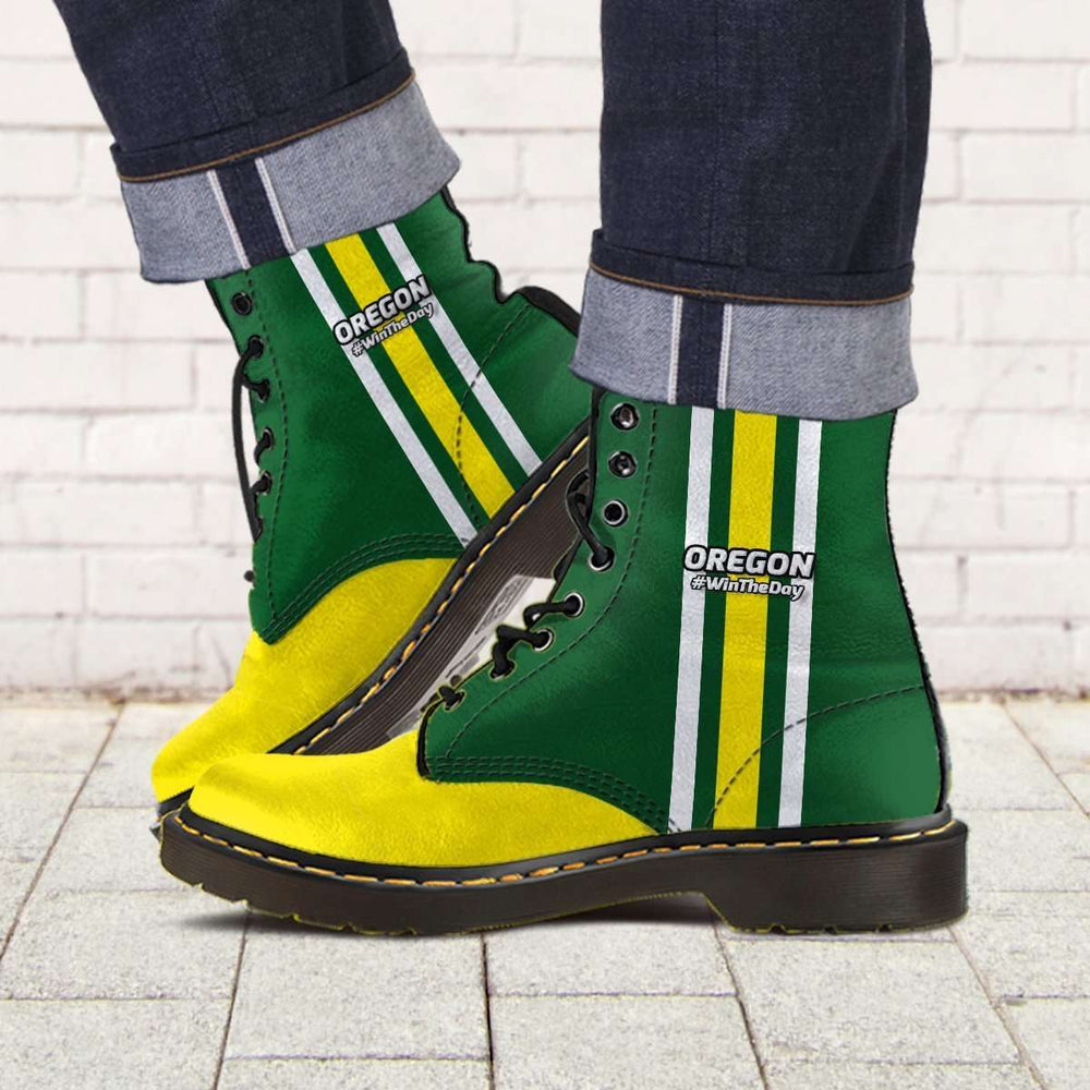 Designs by MyUtopia Shout Out:#WinTheDay Oregon Fan Faux Leather 7 Eye Lace-up Boots,Men's / Mens US5 (EU38) / Green/Yellow,Lace-up Boots