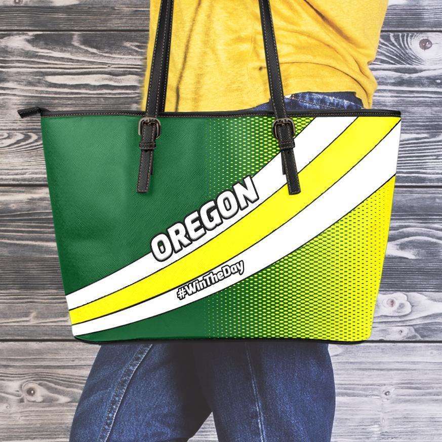 Designs by MyUtopia Shout Out:#WinTheDay Oregon Fan Faux Leather Totebag Purse,Medium (10 x 16 x 5) / Green/Yellow,tote bag purse