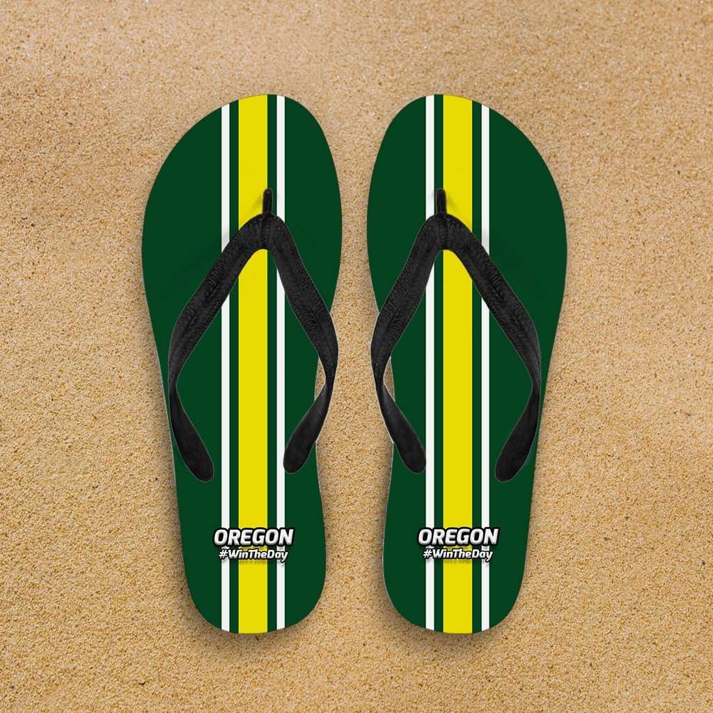 Designs by MyUtopia Shout Out:#WinTheDay Oregon Flip Flops,Men's / Mens Small (US 7-8 /EU 40-42) / Green/Yellow,Flip Flops