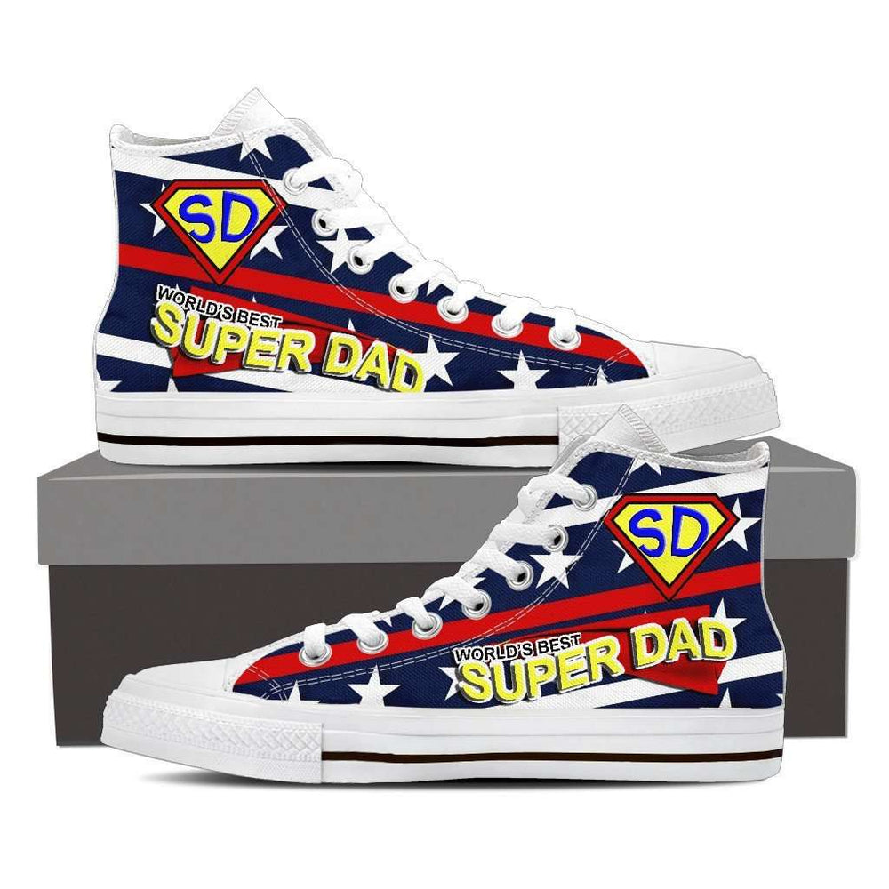 Designs by MyUtopia Shout Out:Worlds Best Super Dad Canvas High Top Shoes Mens,Mens US 8 (EU40) / Blue/Red/Yellow,High Top Sneakers