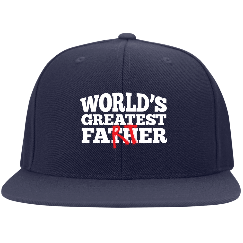 Designs by MyUtopia Shout Out:Worlds Greatest Father (Farter) Embroidered Flat Bill Twill Flex-fit Baseball Cap - Navy Blue,Navy / S/M,Hats