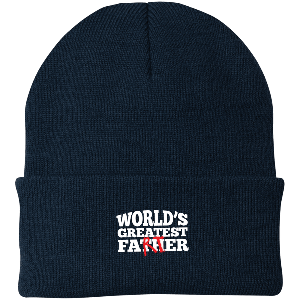 Designs by MyUtopia Shout Out:Worlds Greatest Father (Farter) Embroidered Port Authority Knit Beanie Cap - Navy Blue,Navy / One Size,Hats