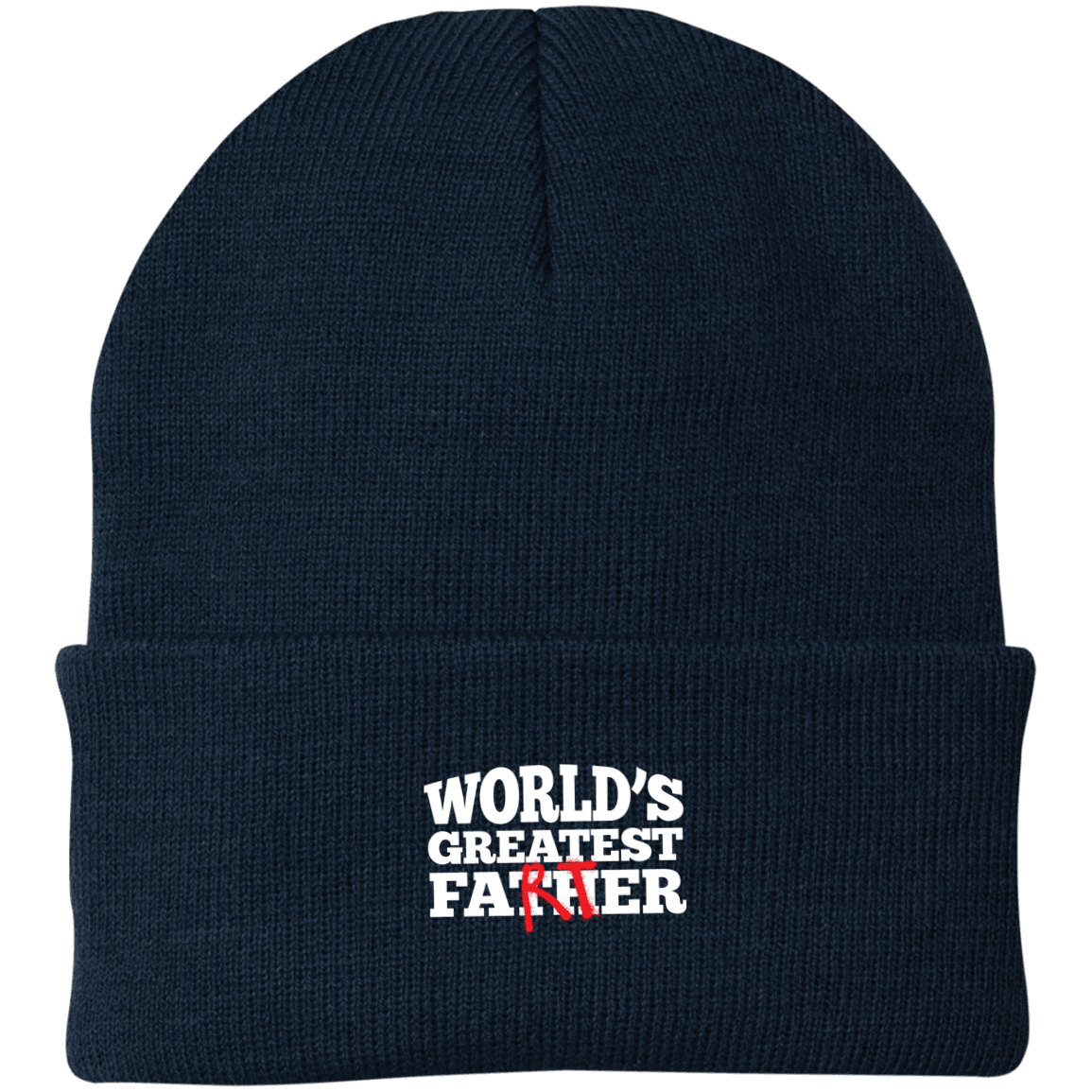 Designs by MyUtopia Shout Out:Worlds Greatest Father (Farter) Embroidered Port Authority Knit Beanie Cap - Navy Blue,Navy / One Size,Hats