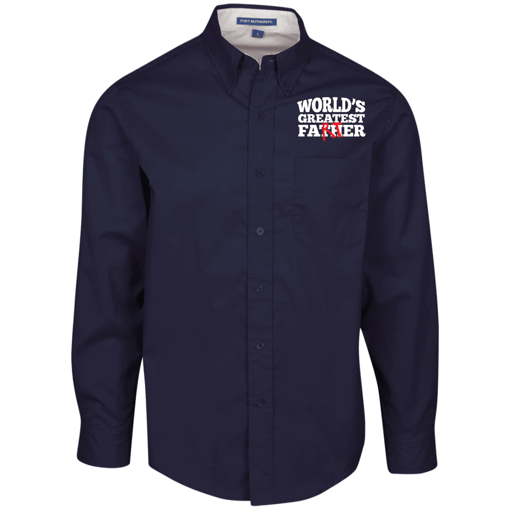 Designs by MyUtopia Shout Out:Worlds Greatest Father (Farter) Embroidered Port Authority Men's Long Sleeve Dress Shirt - Navy Blue,Navy/Light Stone / X-Small,Dress Shirts