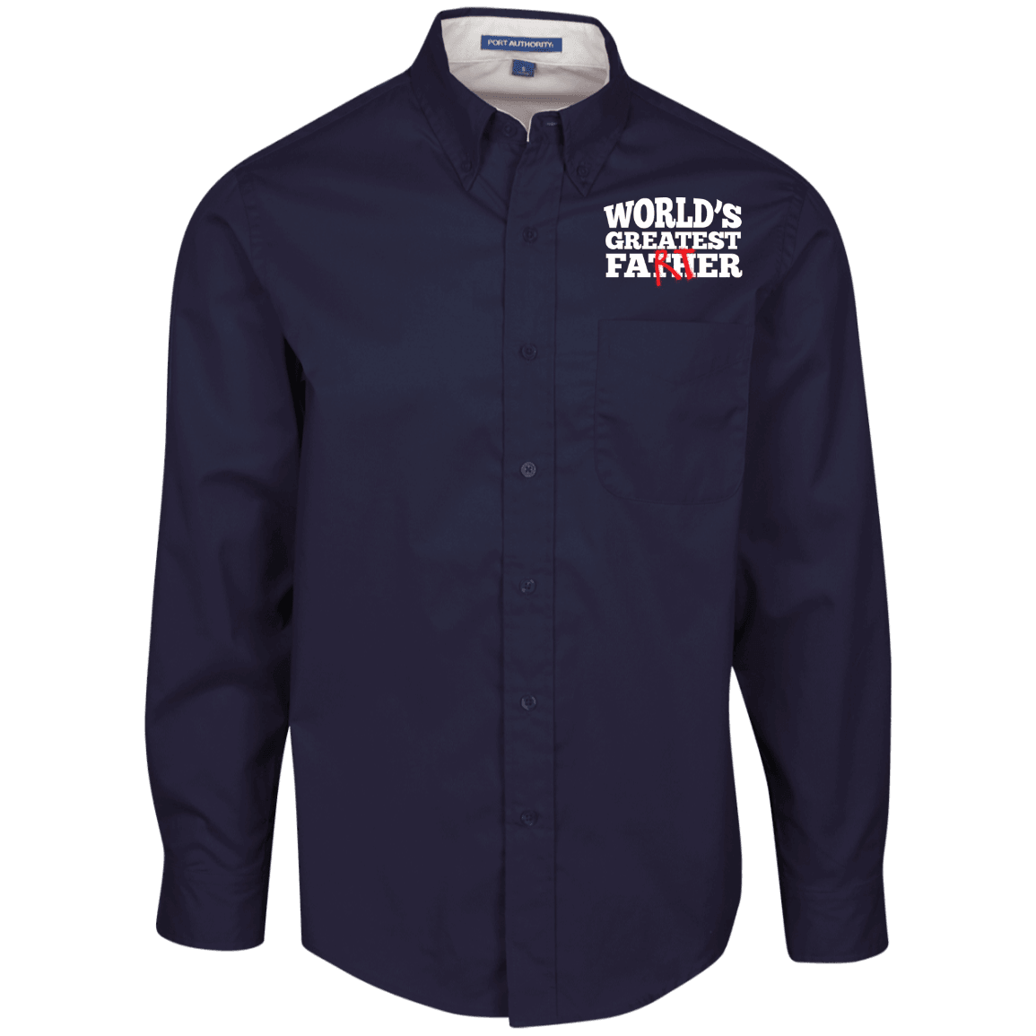 Designs by MyUtopia Shout Out:Worlds Greatest Father (Farter) Embroidered Port Authority Men's Long Sleeve Dress Shirt - Navy Blue,Navy/Light Stone / X-Small,Dress Shirts