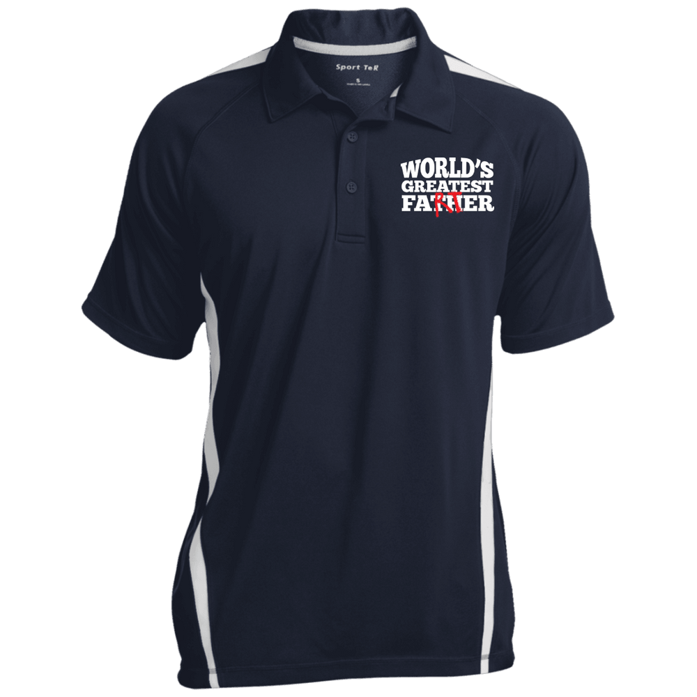 Designs by MyUtopia Shout Out:Worlds Greatest Father (Farter) Embroidered Sport-Tek Men's Colorblock 3-Button Polo - Navy Blue,True Navy/White / X-Small,Polo Shirts