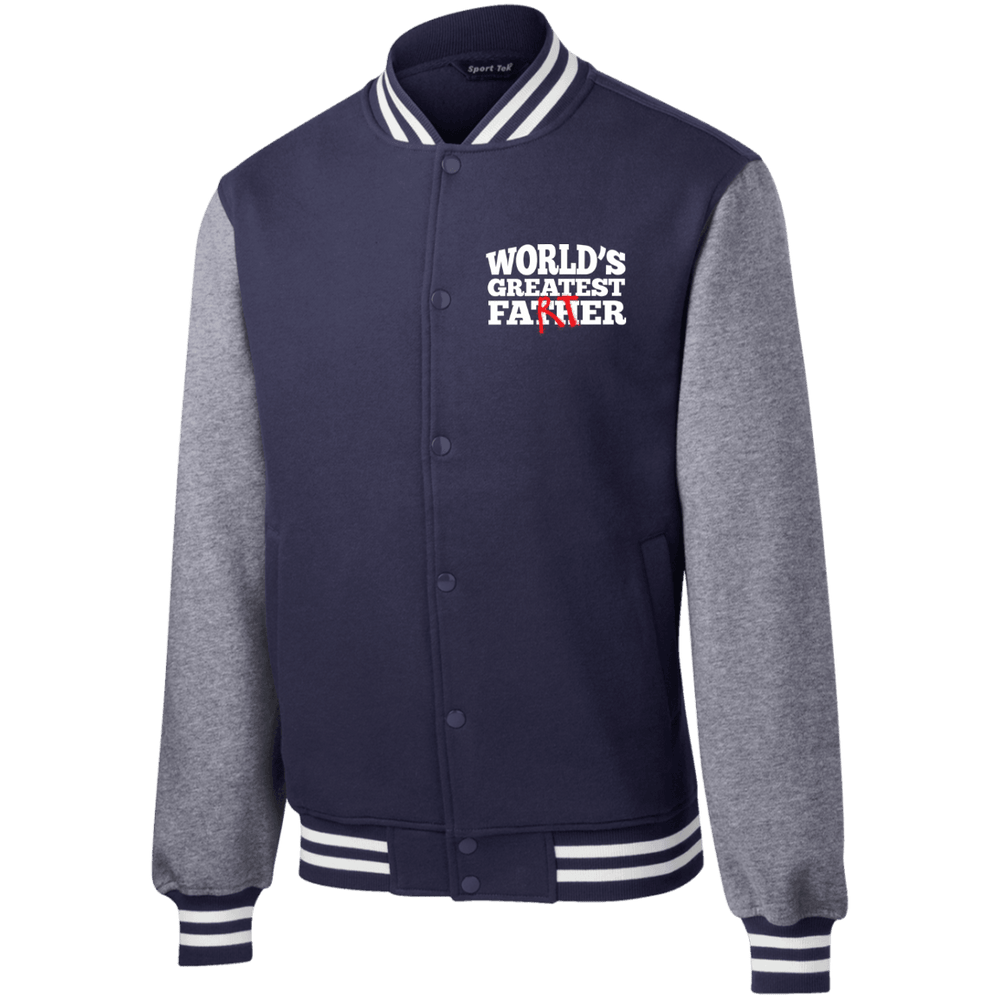 Designs by MyUtopia Shout Out:Worlds Greatest Father (Farter) Embroidered Sport-Tek Mens Fleece Letterman Jacket - Navy Blue,True Navy/Vintage Heather / X-Small,Sweatshirts
