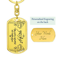 Load image into Gallery viewer, Designs by MyUtopia Shout Out:Your Name and message Written in Elvish Personalized Keepsake Keychain (Clarissa),18k Gold Finish / Yes,Liquid Glass Keychain
