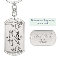 Load image into Gallery viewer, Designs by MyUtopia Shout Out:Your Name and message Written in Elvish Personalized Keepsake Keychain (Clarissa),Surgical Stainless Steel / Yes,Liquid Glass Keychain
