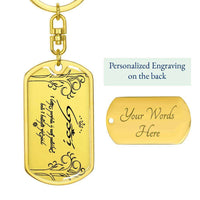 Load image into Gallery viewer, Designs by MyUtopia Shout Out:Your Name and message Written in Elvish Personalized Keepsake Keychain (Sandee),Dog Tag with Swivel Keychain (Gold) / Yes,Liquid Glass Keychain
