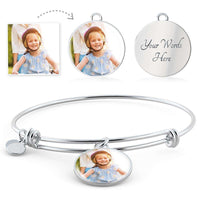Load image into Gallery viewer, Designs by MyUtopia Shout Out:Your Photo Keepsake on our surgical steel Circle Charm Bangle with a shatterproof liquid glass coating Wire Bracelet,Circle Pendant Silver Bangle / No,Jewelry
