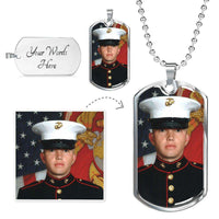 Load image into Gallery viewer, Designs by MyUtopia Shout Out:Your Photo Keepsake on our surgical steel Dog Tag Charm with a shatterproof liquid glass coating Necklace,Military Chain (Silver) / Yes,Dog Tag Necklace
