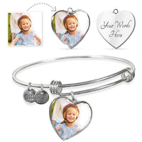 Load image into Gallery viewer, Designs by MyUtopia Shout Out:Your Photo Keepsake on our surgical steel Heart Charm Bangle with a shatterproof liquid glass coating Wire Bracelet,Heart Pendant Silver Bangle / No,Jewelry
