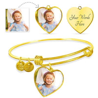 Load image into Gallery viewer, Designs by MyUtopia Shout Out:Your Photo Keepsake on our surgical steel Heart Charm Bangle with a shatterproof liquid glass coating Wire Bracelet,Heart Pendant Gold Bangle / No,Jewelry
