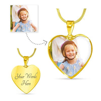 Load image into Gallery viewer, Designs by MyUtopia Shout Out:Your Photo Keepsake on our surgical steel Heart Charm with a shatterproof liquid glass coating Necklace,Luxury Necklace (Gold) / Yes,Necklace
