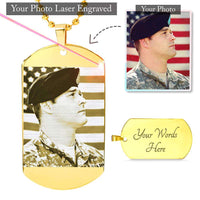 Load image into Gallery viewer, Designs by MyUtopia Shout Out:Your Picture Engraved In Metal Personalized Military Dog Tag Necklace,Photo Etched Dog Tag with Ball Chain (18K Gold-plated) / Yes / Gold Plate,Dog Tag Necklace
